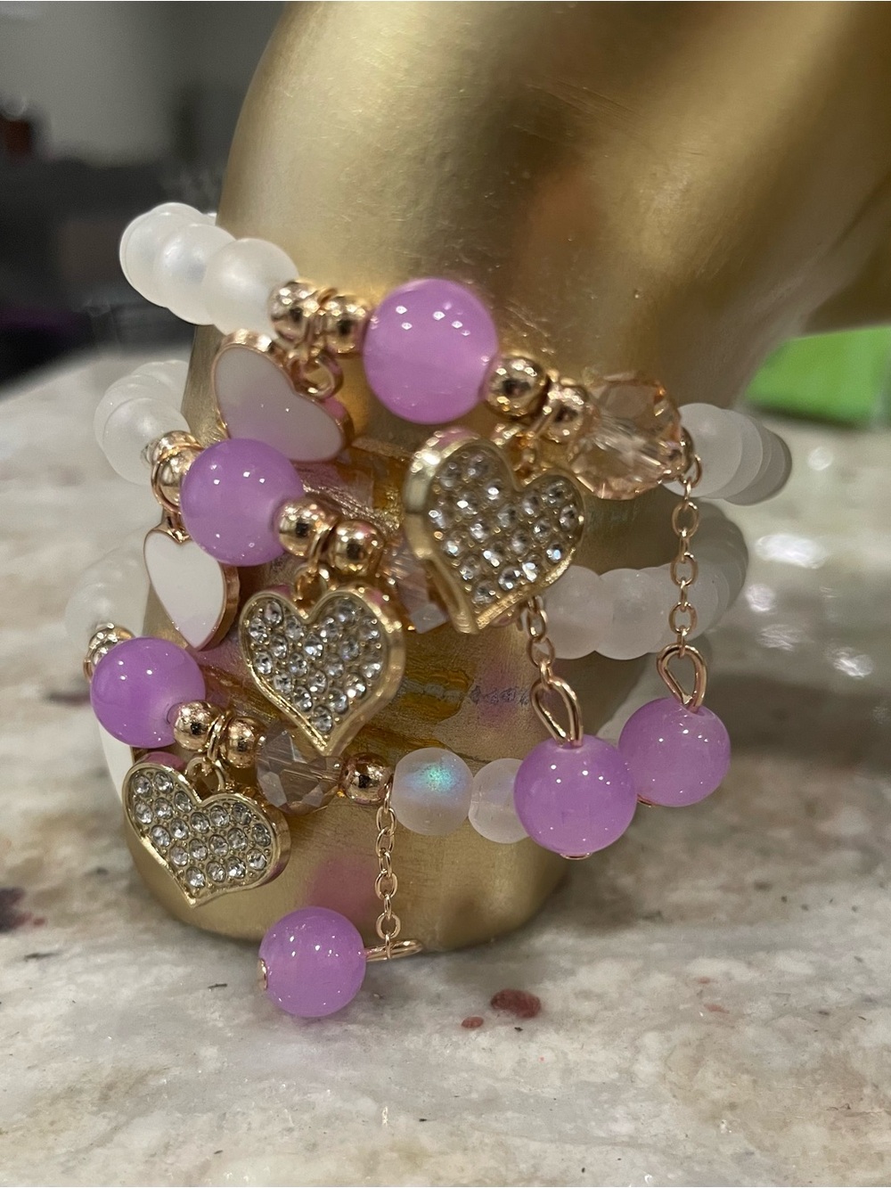 Set of 3 Gold Crystal Heart & Lavender Bead Stretch Bracelets